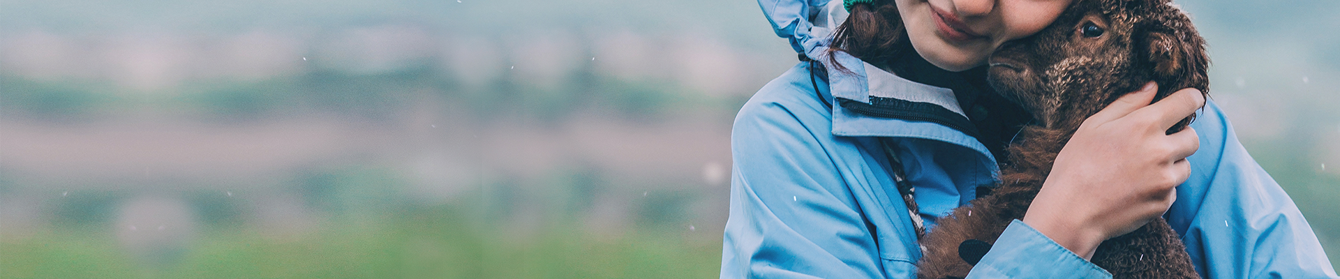 girl in a blue raincoat holding a brown lamb