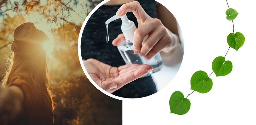 Collage of pictures depicting a woman in the sunlight, hand sanitizer, and green leafs