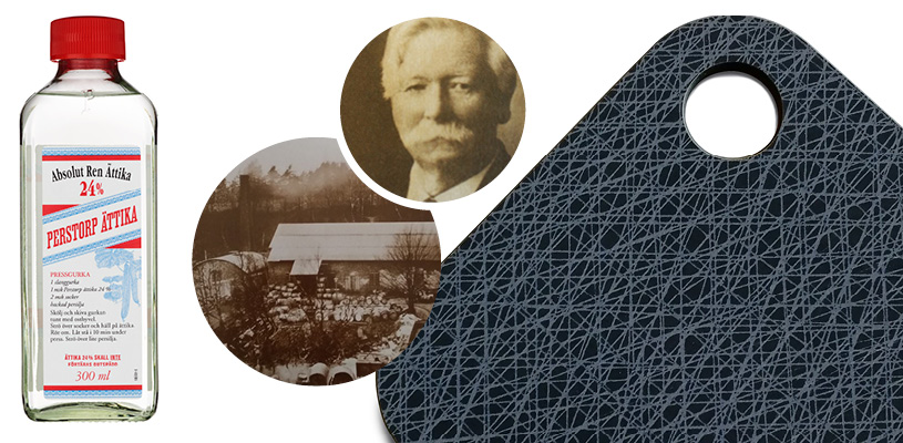 140 years of innovation Collage of Perstorp vinegar, old factory, William Wendt, cutting board virrvarr