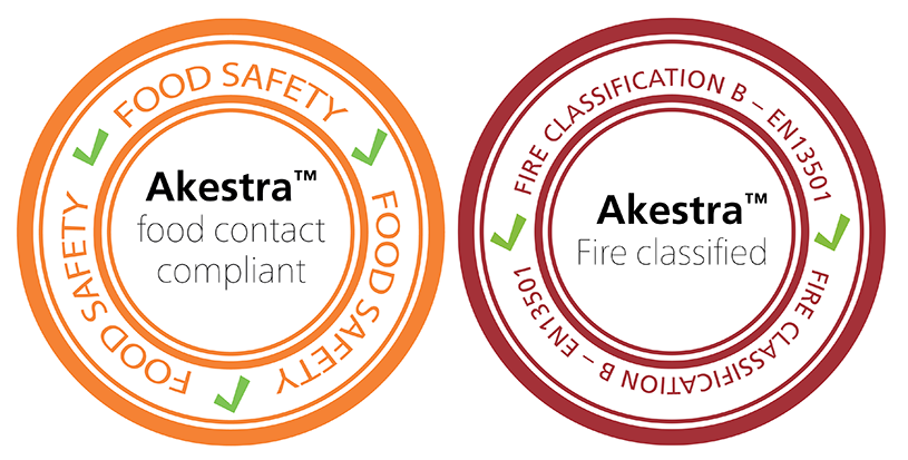 Two certifications saying that Akestra is food contact compliant and fire classified