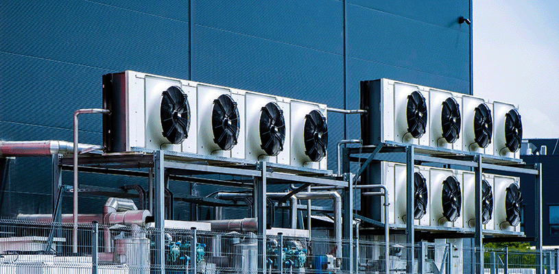 Fans of refrigeration system attached to building