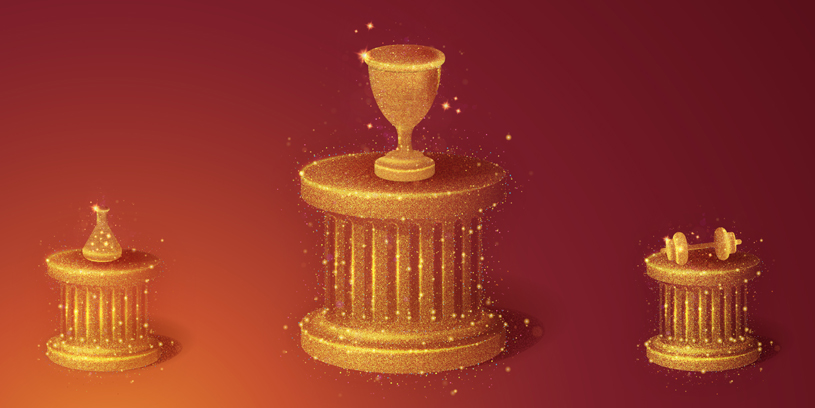 Three golden pedestals with a bag, a chalice, and a dumbbell 