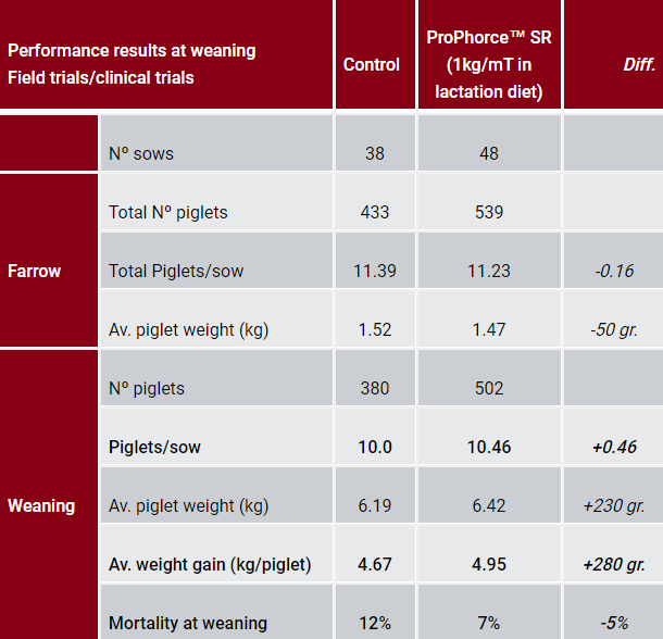 Animal nutrition performance results at weaning