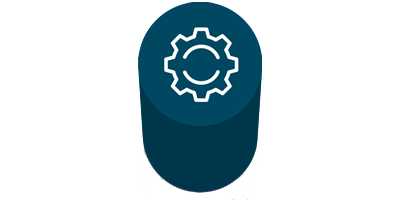 A blue illustration of a pillar with a white cog wheel on top of it