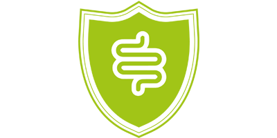 A green shield with a gut illustrated on it  