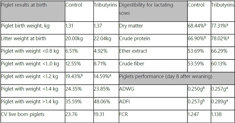 Table showing piglet weight in different stages with tributyrin vs. a control group